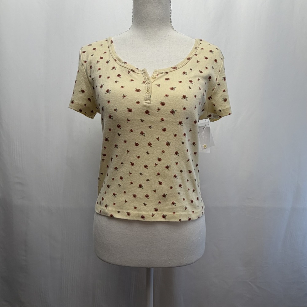 Zine Floral Henley Shirt Womens Large Yellow Short Sleeve